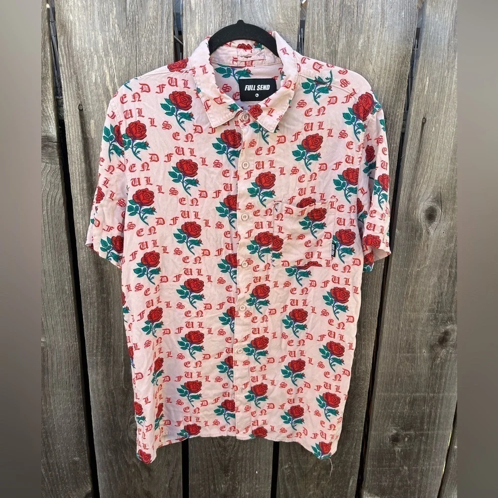 Men's Full Send Button-Down Shirt Multicolor Roses Spell-Out XL‎ Street Art City